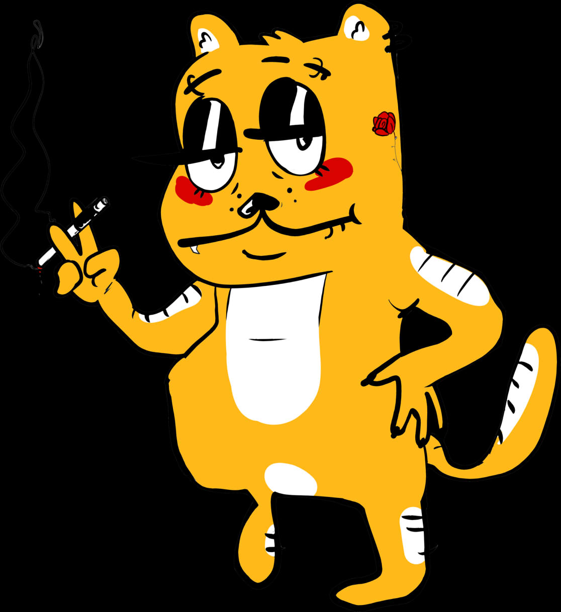 digital illustration of a garfield/pikachu hybrid creature smoking a cigarette.